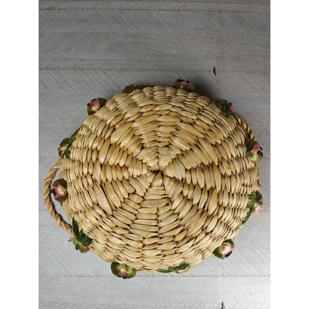 Vintage Woven Raffia Straw Round Casserole Basket With Fruit Accents Handles